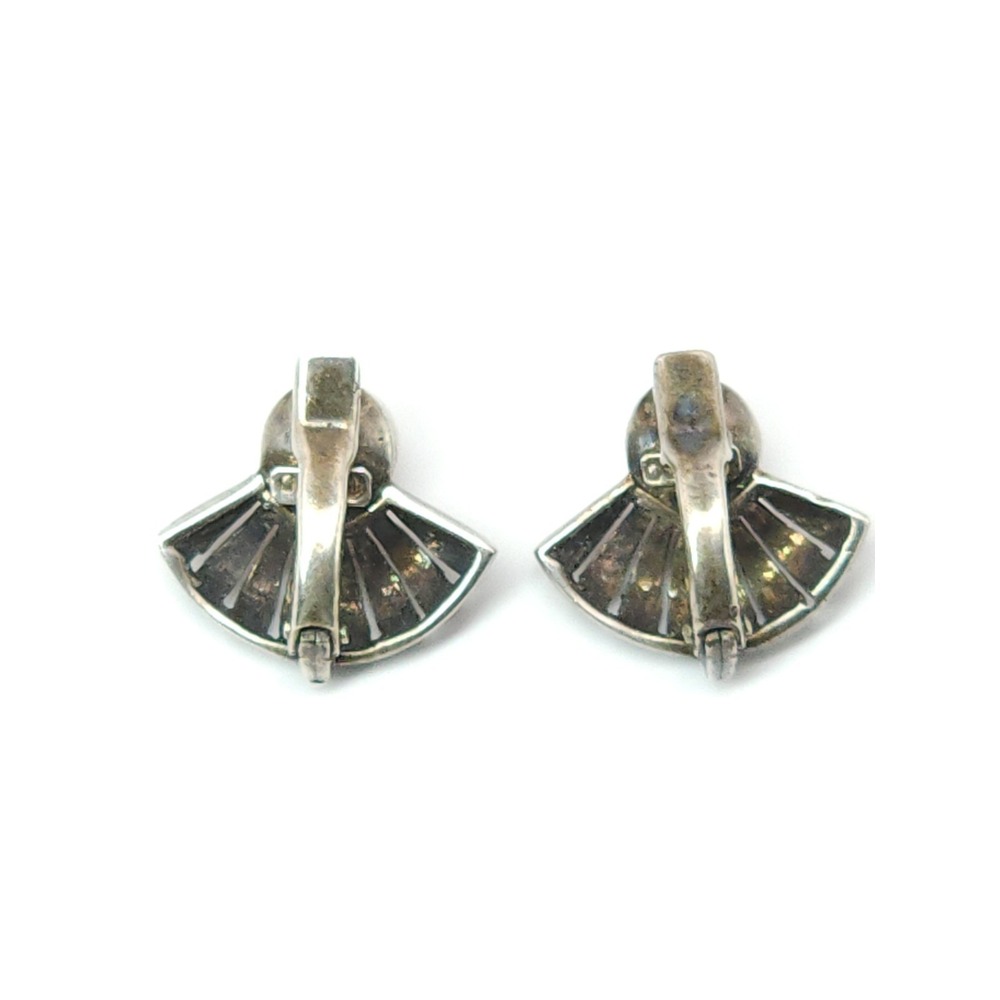 Signed TF Theodor Fahrner Clip on Earrings Pearl Marcasite Stone Fan 900 Silver - Picture 6 of 13